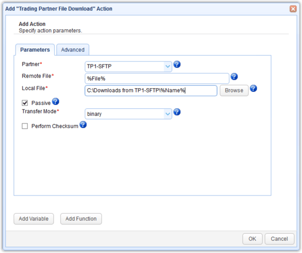 sftp trading partner download file trigger action parameters